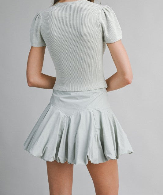 Light Sage Ribbed Button Knit Top And Mini Bubble Skirt Set