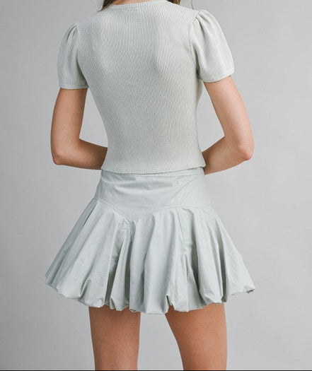 Light Sage Ribbed Button Knit Top And Mini Bubble Skirt Set