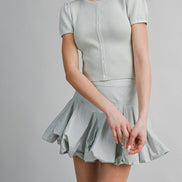 Light Sage Ribbed Button Knit Top And Mini Bubble Skirt Set