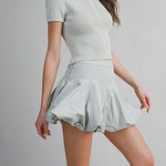 Light Sage Ribbed Button Knit Top And Mini Bubble Skirt Set
