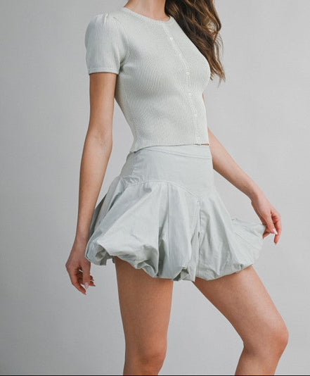 Light Sage Ribbed Button Knit Top And Mini Bubble Skirt Set