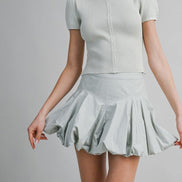 Light Sage Ribbed Button Knit Top And Mini Bubble Skirt Set