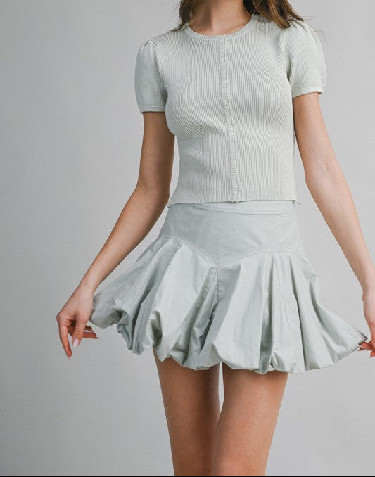 Light Sage Ribbed Button Knit Top And Mini Bubble Skirt Set