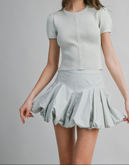 Light Sage Ribbed Button Knit Top And Mini Bubble Skirt Set