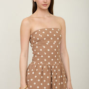 Brown Polka Dot Strapless Midi Dress