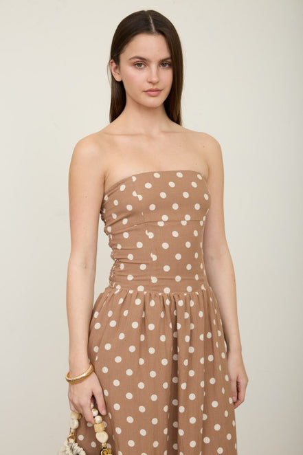 Brown Polka Dot Strapless Midi Dress