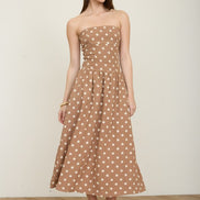 Brown Polka Dot Strapless Midi Dress