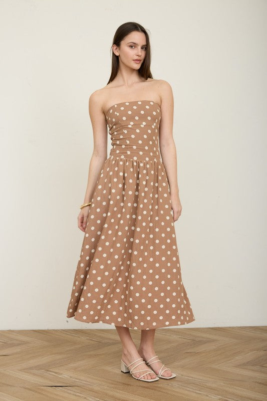 Brown Polka Dot Strapless Midi Dress
