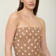 Brown Polka Dot Strapless Midi Dress
