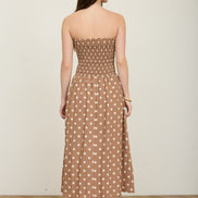 Brown Polka Dot Strapless Midi Dress