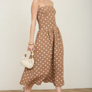 Brown Polka Dot Strapless Midi Dress