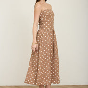 Brown Polka Dot Strapless Midi Dress