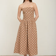 Brown Polka Dot Strapless Midi Dress