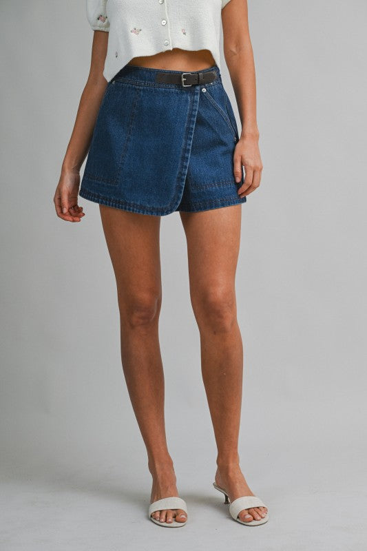 Denim Asymmetrical Wrap Mid Rise Mini Skort