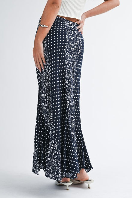 Black Polka Dot Floral Mix Maxi Skirt