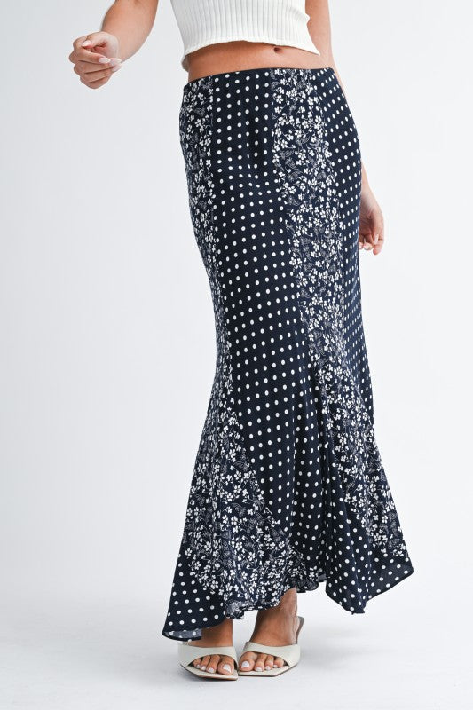 Black Polka Dot Floral Mix Maxi Skirt