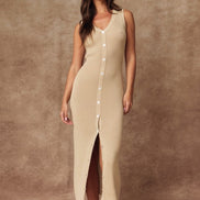 Taupe Button Front Rib Knit Midi Dress