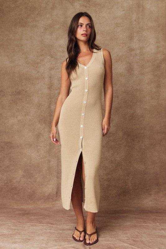 Taupe Button Front Rib Knit Midi Dress