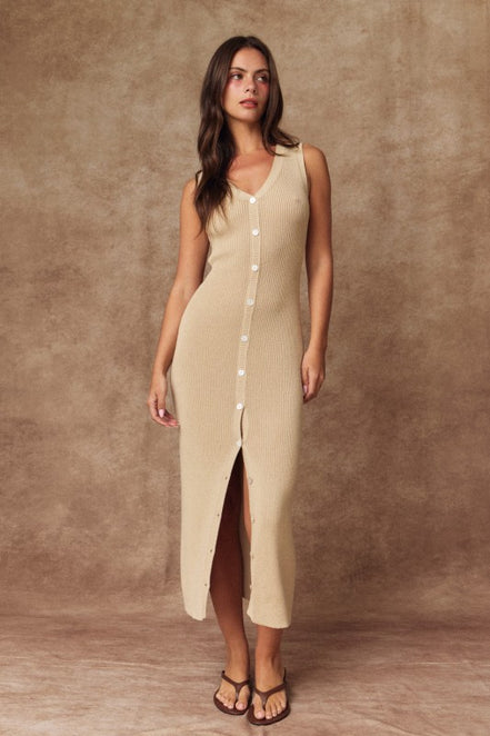 Taupe Button Front Rib Knit Midi Dress