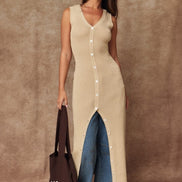 Taupe Button Front Rib Knit Midi Dress