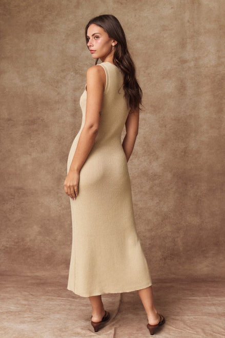 Taupe Button Front Rib Knit Midi Dress