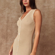 Taupe Button Front Rib Knit Midi Dress