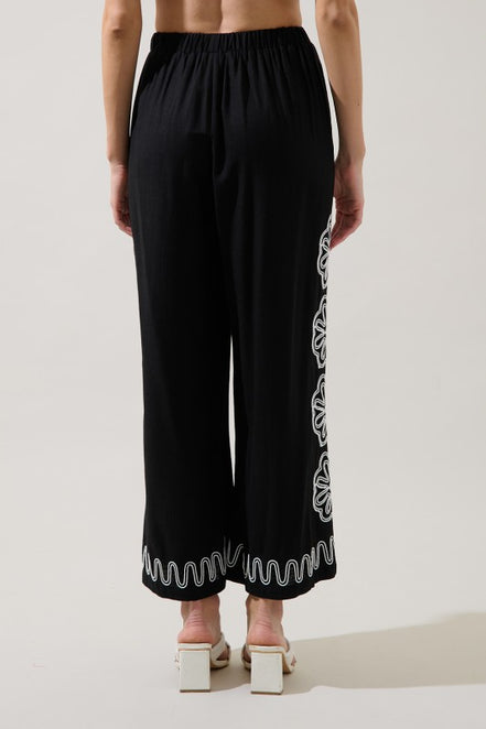 Black/White Embroidered Top and Wide Leg Pant Set