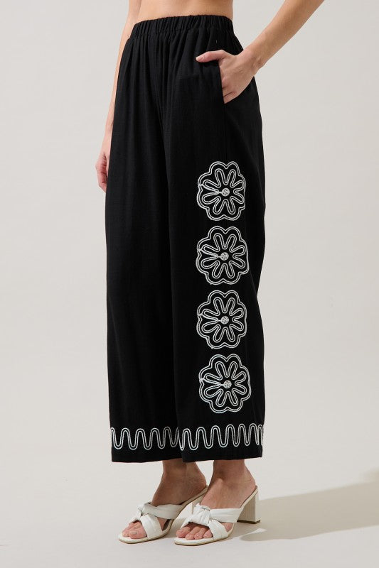 Black/White Embroidered Top and Wide Leg Pant Set