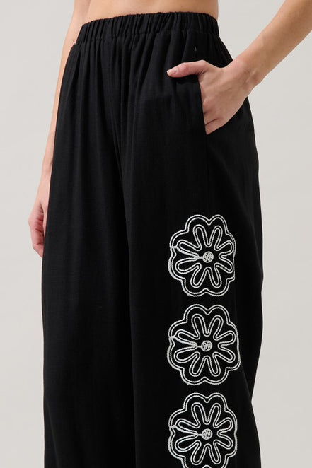 Black/White Embroidered Top and Wide Leg Pant Set