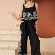 Black/White Embroidered Top and Wide Leg Pant Set