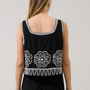 Black/White Embroidered Top and Wide Leg Pant Set