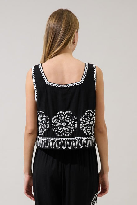 Black/White Embroidered Top and Wide Leg Pant Set