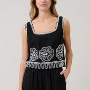 Black/White Embroidered Top and Wide Leg Pant Set