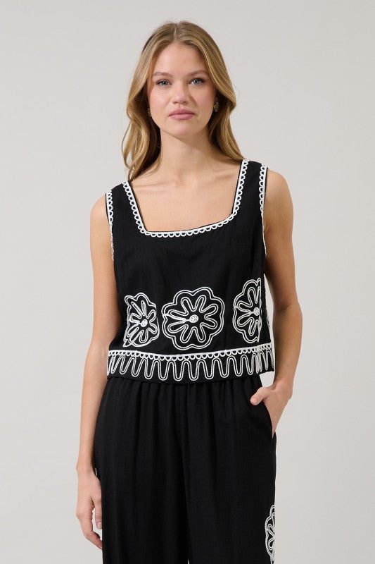 Black/White Embroidered Top and Wide Leg Pant Set