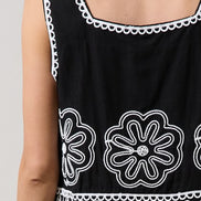 Black/White Embroidered Top and Wide Leg Pant Set