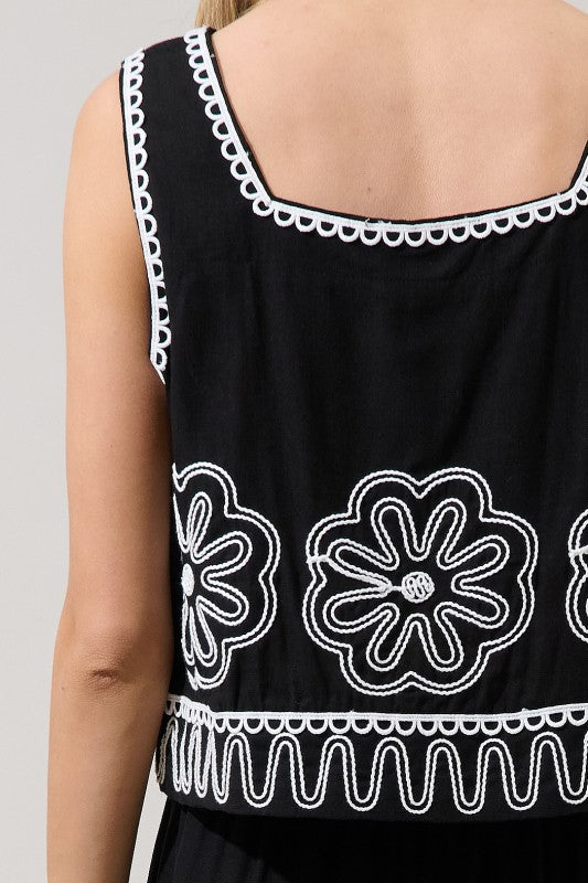 Black/White Embroidered Top and Wide Leg Pant Set