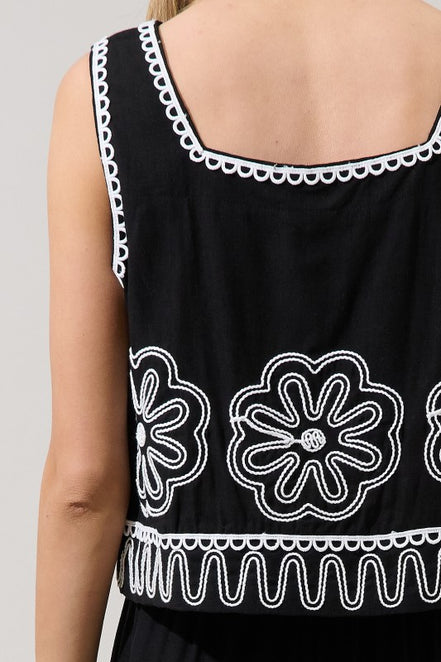Black/White Embroidered Top and Wide Leg Pant Set