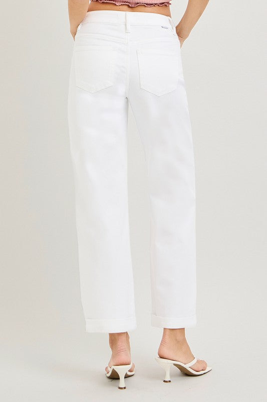 RISEN White Mid Rise Ankle Barrel Relaxed Baggy Pants