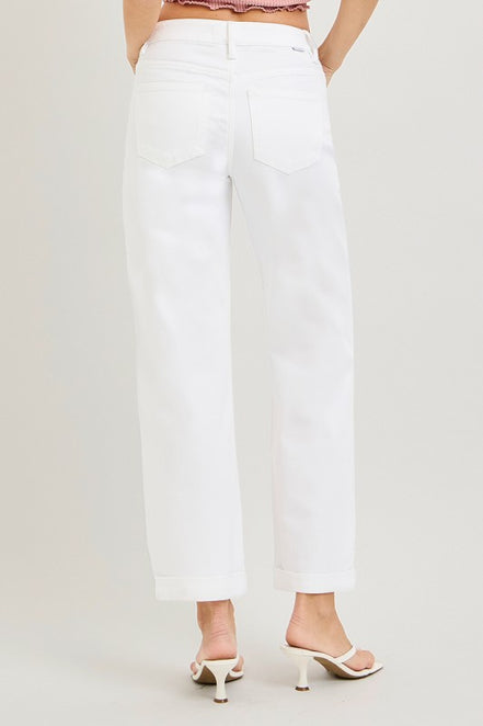 RISEN White Mid Rise Ankle Barrel Relaxed Baggy Pants