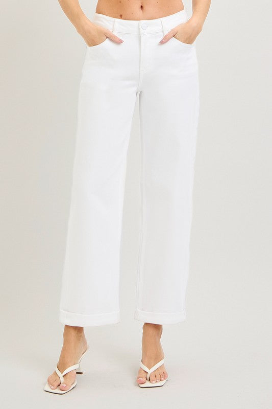 RISEN White Mid Rise Ankle Barrel Relaxed Baggy Pants
