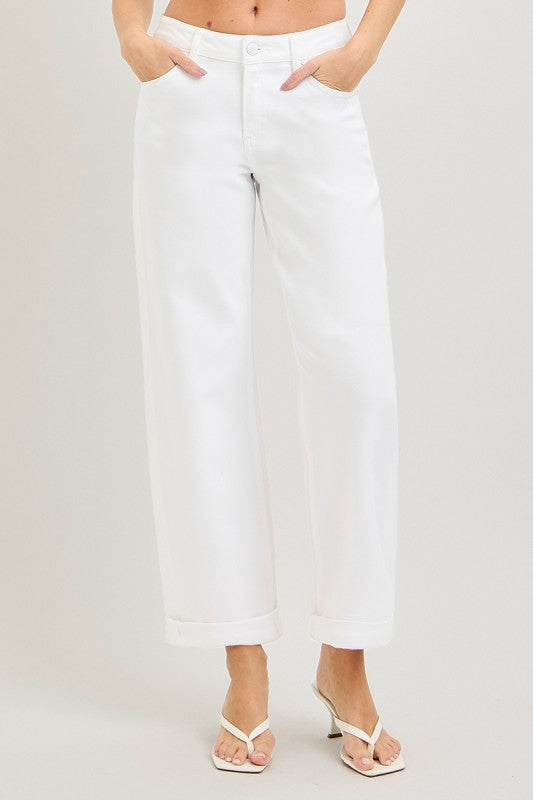 RISEN White Mid Rise Ankle Barrel Relaxed Baggy Pants