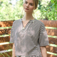 Brown Stripe Short Sleeve Drop Shoulder Boxy Knit Top and Short Set