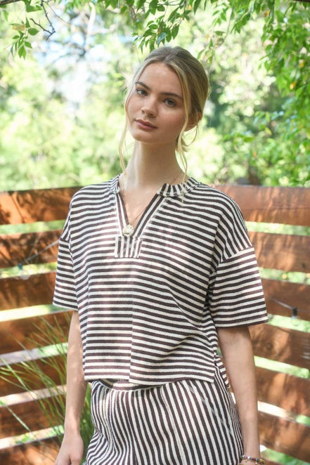 Brown Stripe Short Sleeve Drop Shoulder Boxy Knit Top and Short Set