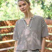 Brown Stripe Short Sleeve Drop Shoulder Boxy Knit Top and Short Set