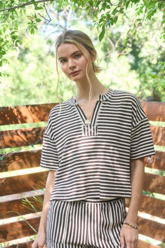 Brown Stripe Short Sleeve Drop Shoulder Boxy Knit Top and Short Set