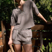 Brown Stripe Short Sleeve Drop Shoulder Boxy Knit Top and Short Set