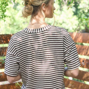 Brown Stripe Short Sleeve Drop Shoulder Boxy Knit Top and Short Set