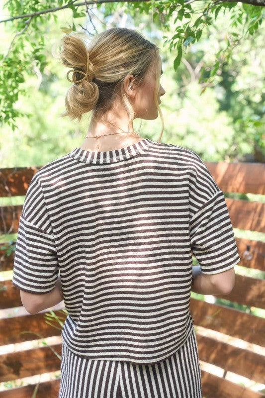 Brown Stripe Short Sleeve Drop Shoulder Boxy Knit Top and Short Set