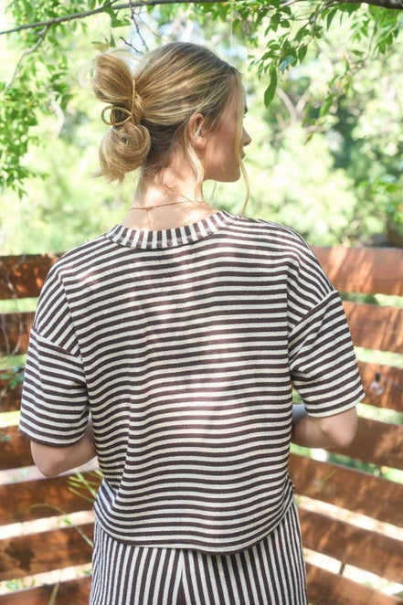 Brown Stripe Short Sleeve Drop Shoulder Boxy Knit Top and Short Set