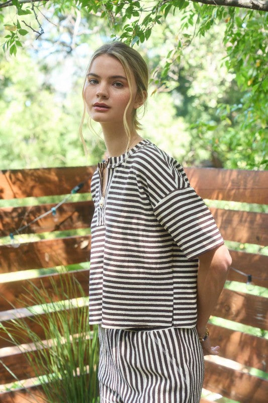Brown Stripe Short Sleeve Drop Shoulder Boxy Knit Top and Short Set